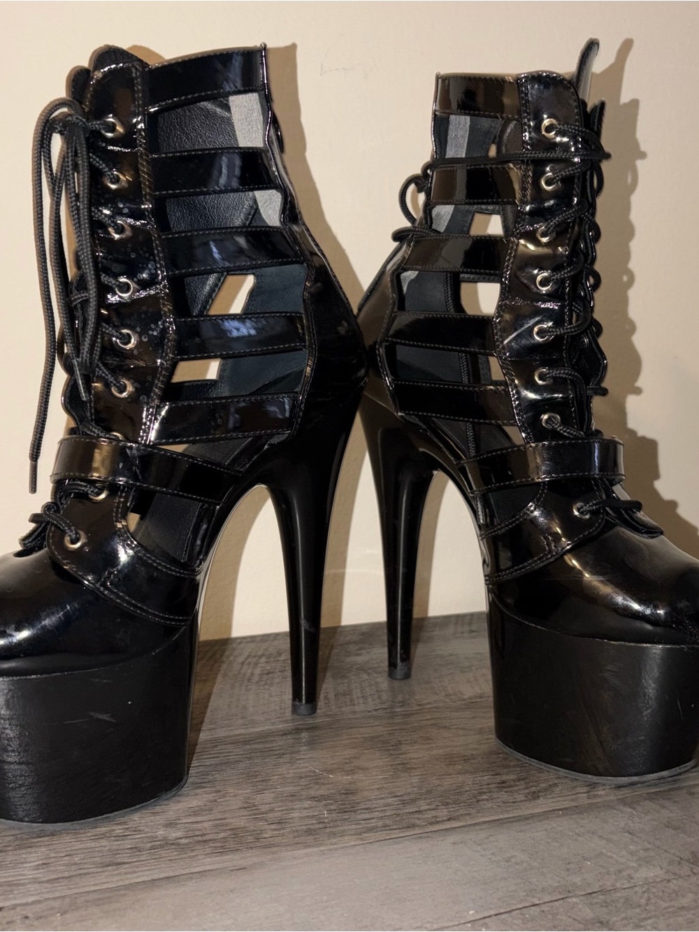Pleaser Black Patent Platform Lace-Up Cutout Stiletto Boots